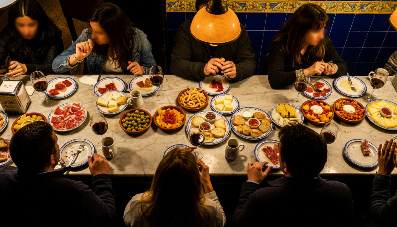 Overhead shot of a crowded Granada tapas bar at night, multiple small plates of food spread across a