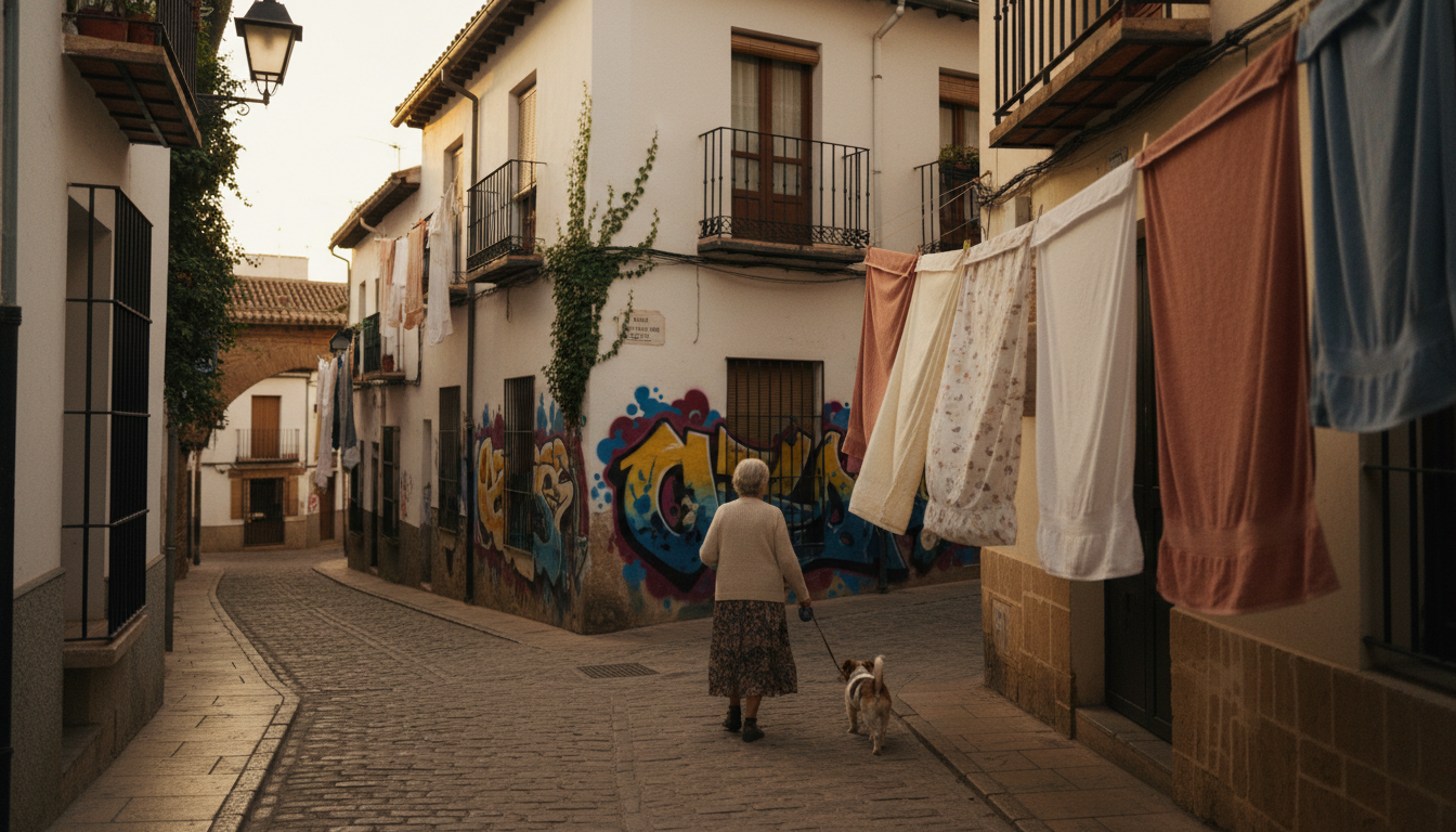 narrow cobblestone street in Realejo at golden hour, laundry hanging between balconies, elderly woma