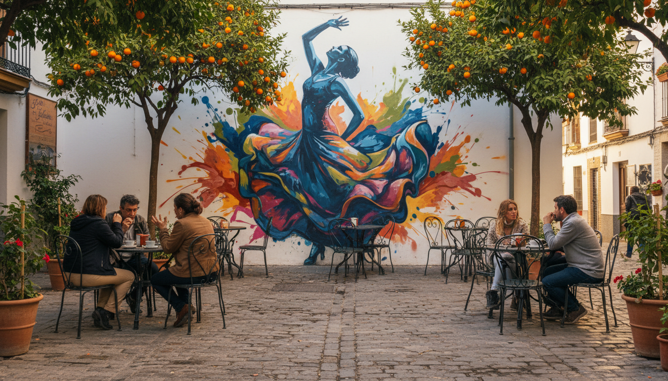 colorful street art mural of flamenco dancer on whitewashed wall, small plaza with orange trees, loc