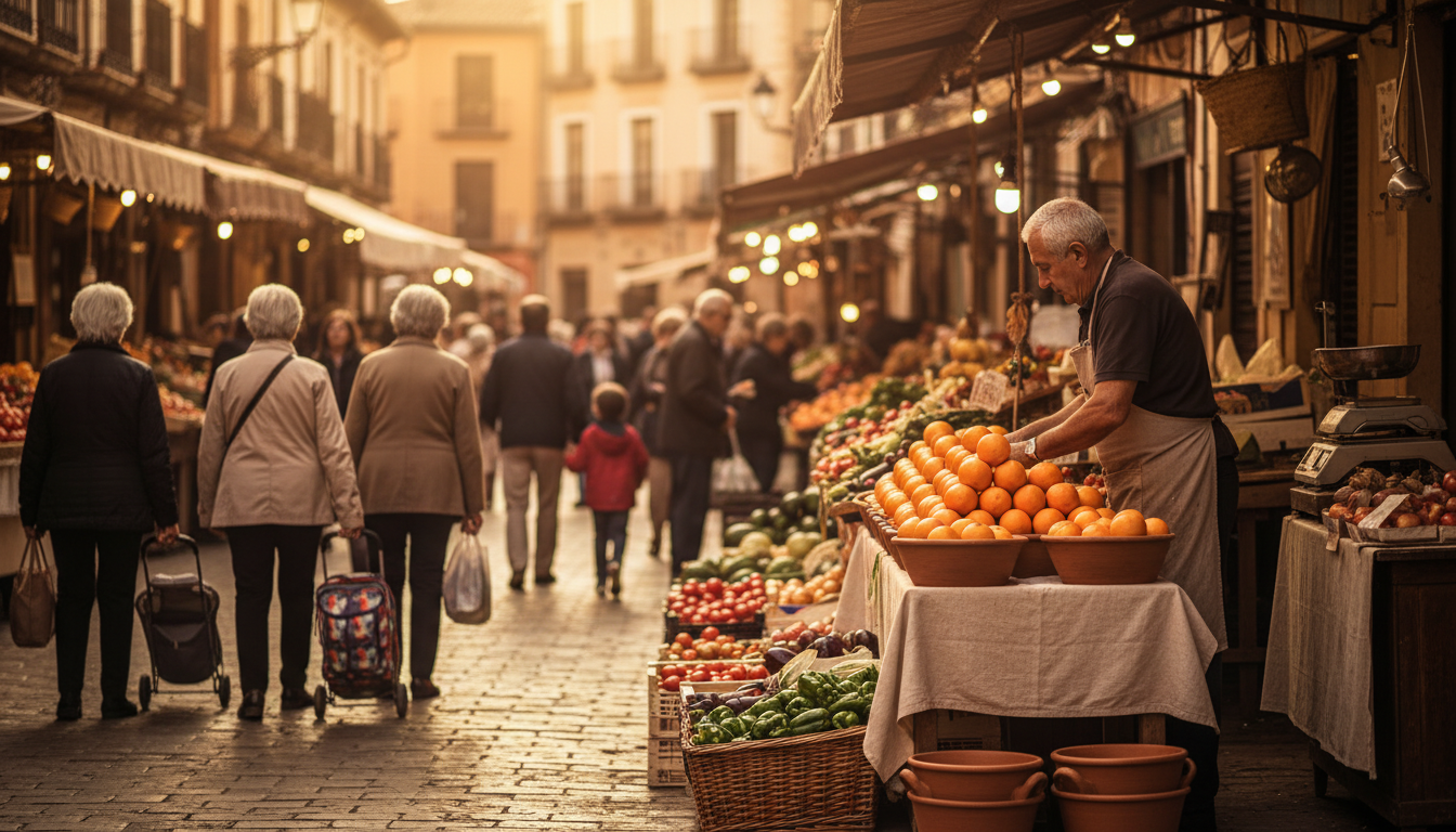 bustling morning market scene with produce stalls, elderly shoppers with wheeled carts, vendor arran