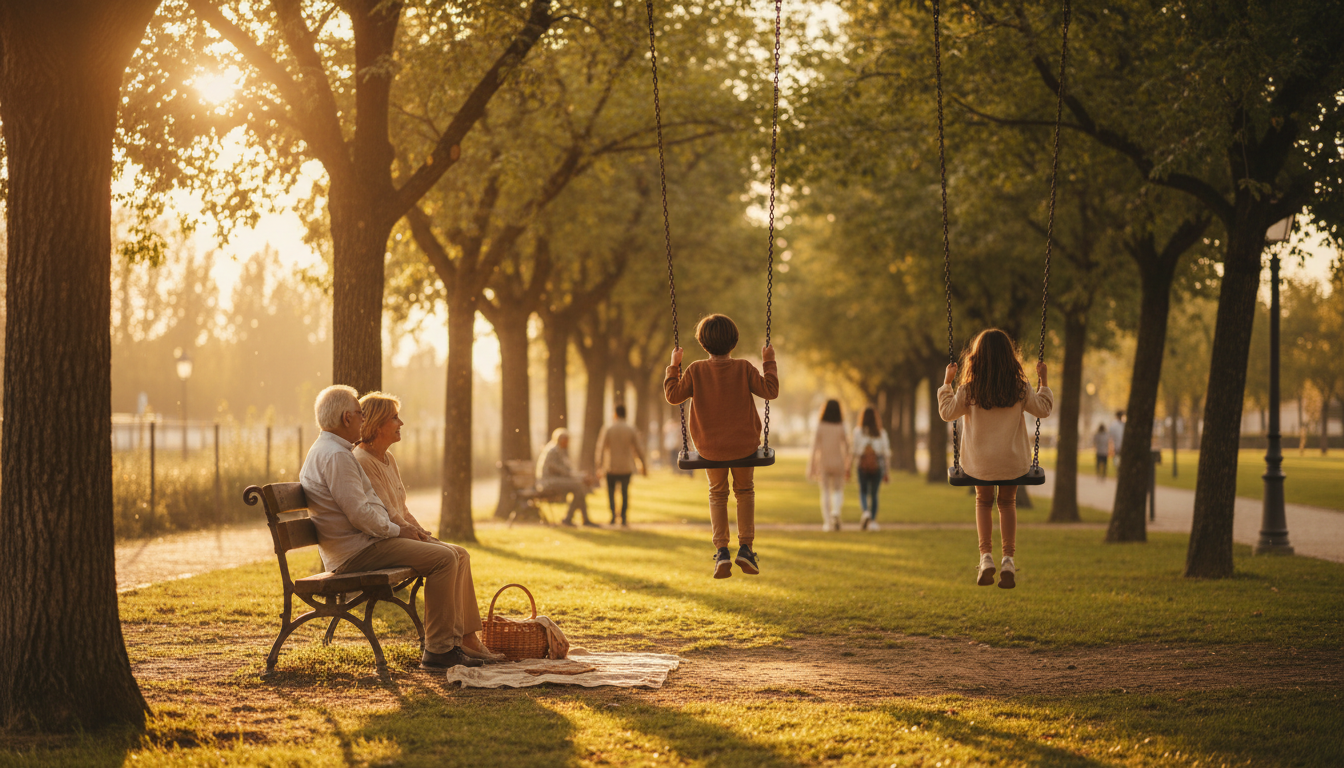families in a tree-lined park, children on swings, grandparents on benches, afternoon light filterin