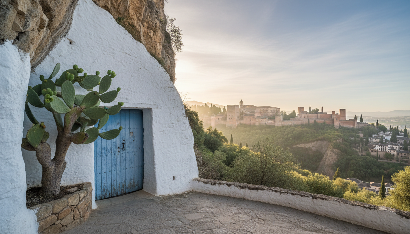 whitewashed cave house entrance with blue door, prickly pear cactus growing beside it, dramatic view
