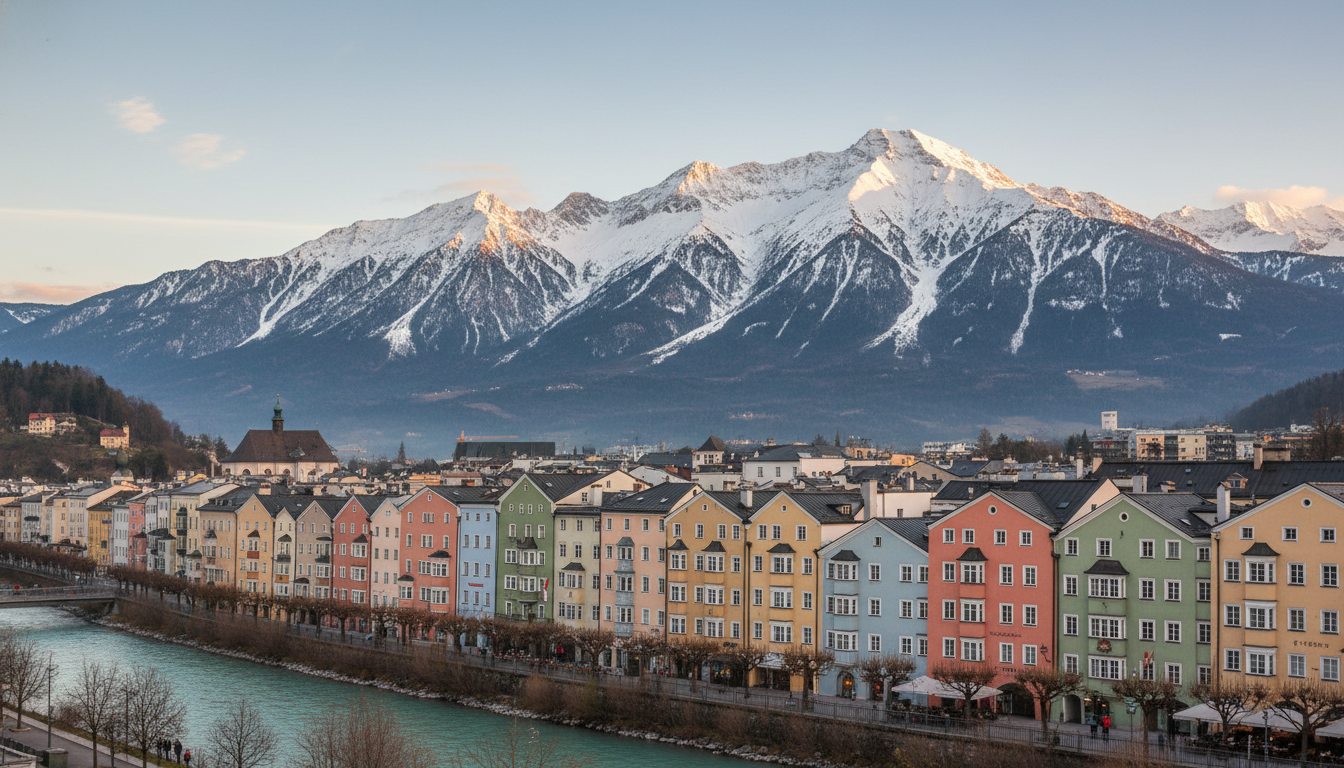 Early morning view of Innsbrucks colorful old town buildings with the snow-capped Nordkette mountain