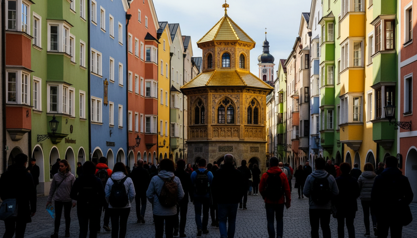 The iconic Golden Roof Goldenes Dachl with its ornate Gothic balcony, tourists walking below, colorf