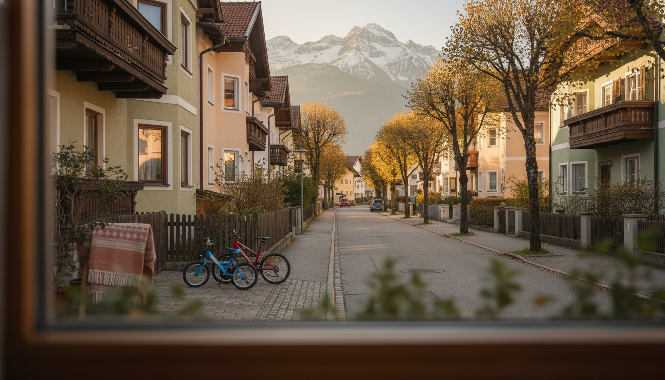 A tree-lined residential street in Wilten with traditional Austrian houses, childrens bicycles parke