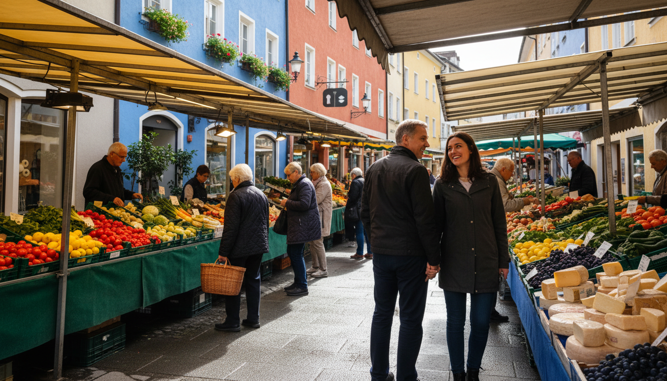 A bustling local market scene in Pradl with vendors selling fresh produce, elderly residents shoppin