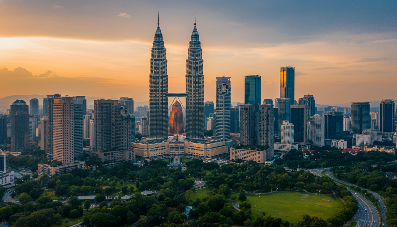 Aerial view of Kuala Lumpur skyline at golden hour, Petronas Towers gleaming against orange sky, mix