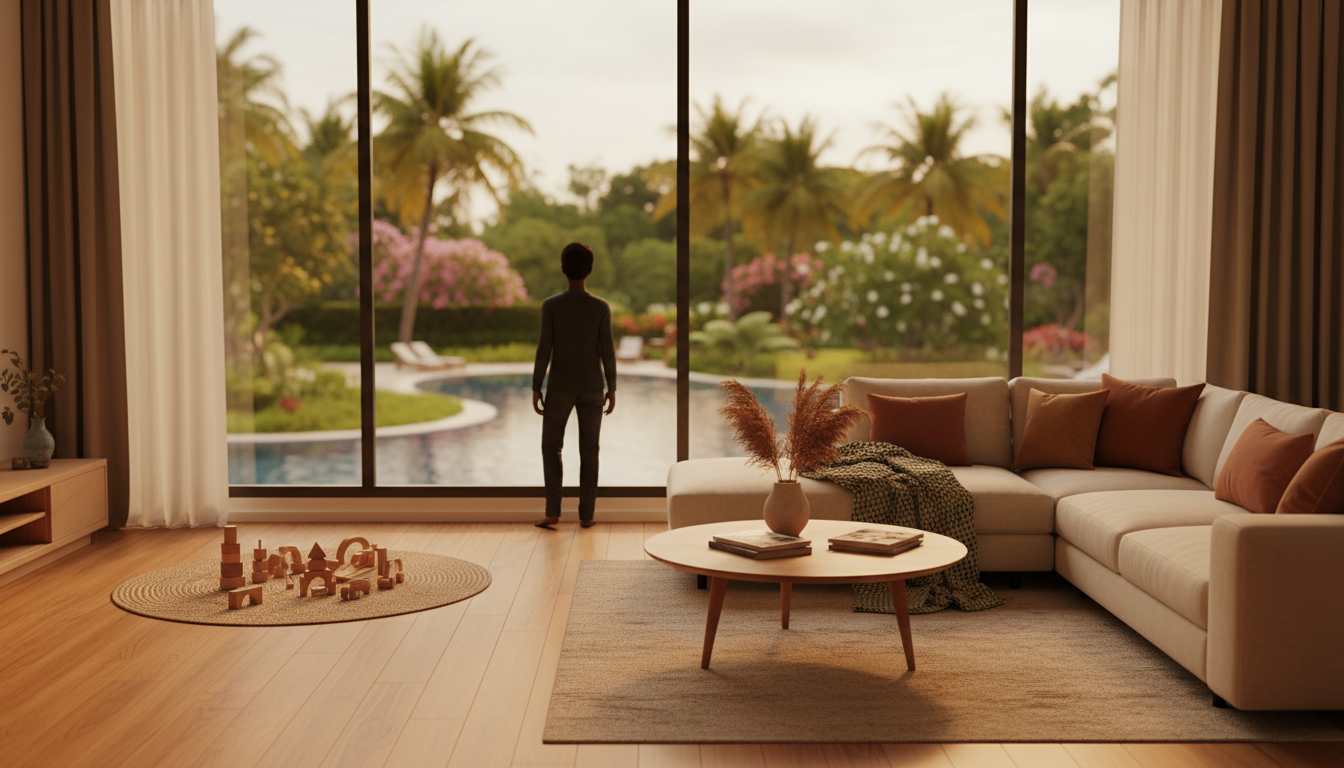 Modern condo living room in Mont Kiara with floor-to-ceiling windows overlooking lush tropical garde