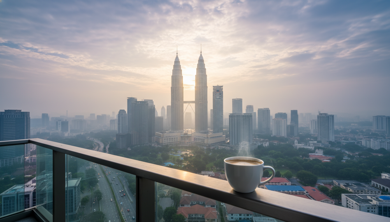 Morning view from a high-rise condo balcony in KLCC, Petronas Towers visible through morning haze, c