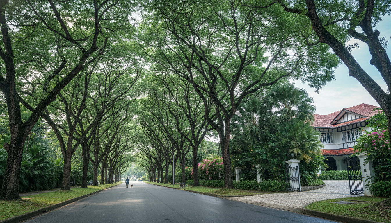 Lush residential street in Damansara Heights, mature rain trees creating green canopy over road, gli