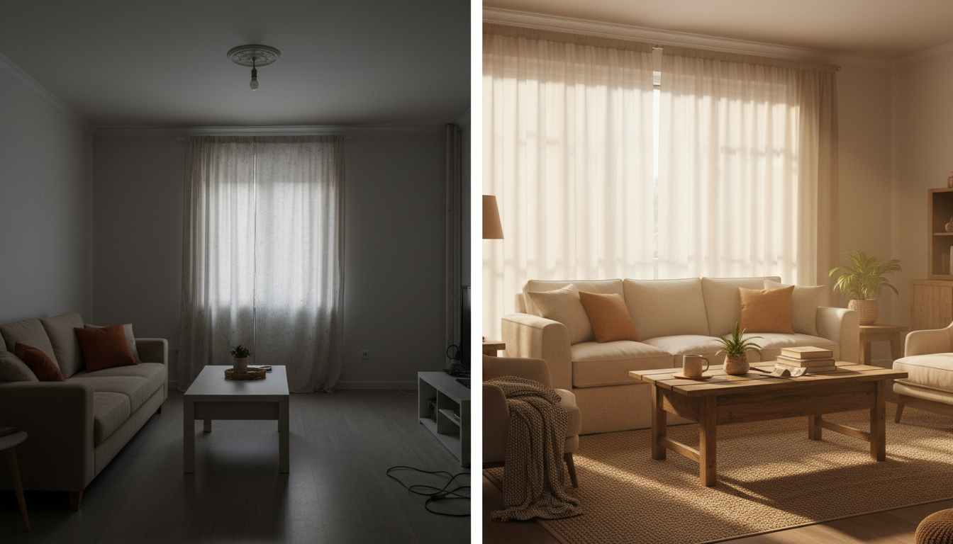 split-screen showing a sparse, poorly-lit listing photo next to a warm, inviting living room with mo