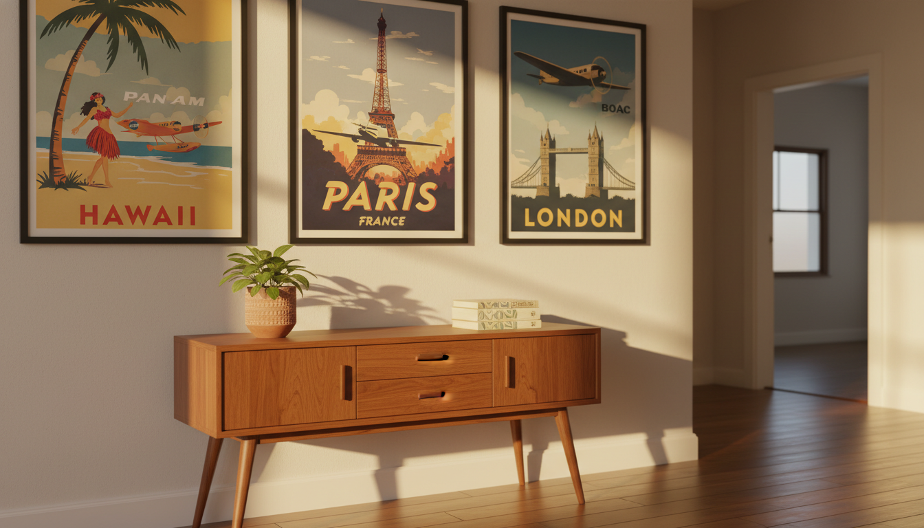gallery wall of vintage travel posters in a bright hallwayTWA Paris, Pan Am Hawaii, BOAC Londonwith