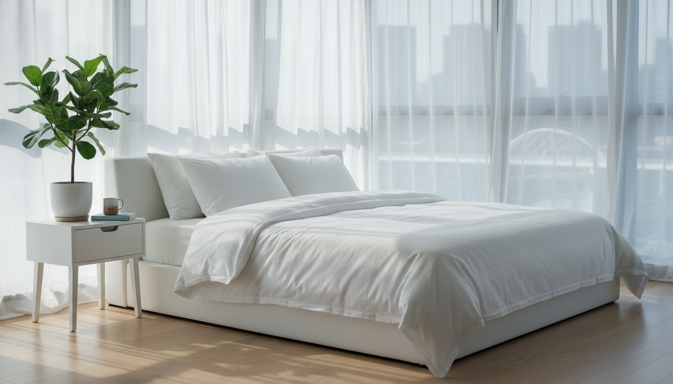 bright, airy bedroom with white linens, a single green plant on the nightstand, morning light creati