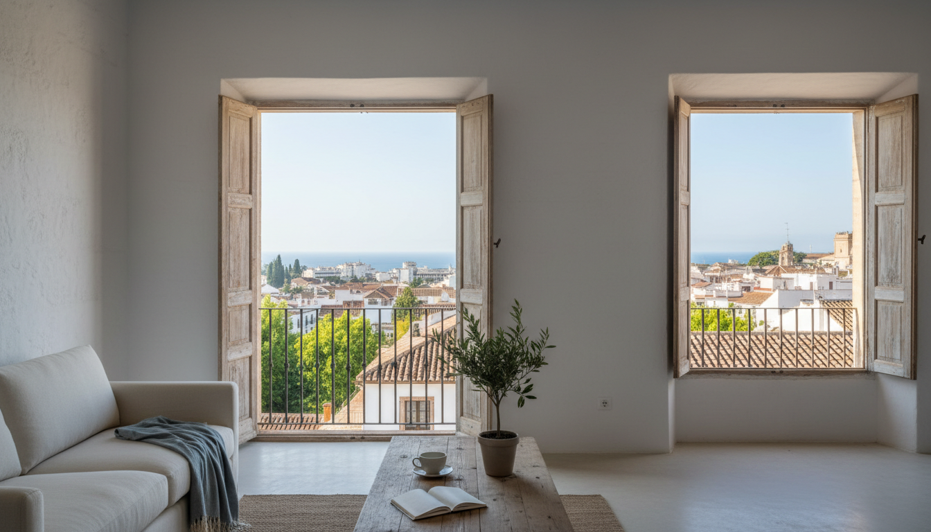 Morning light streaming through wooden shutters into a traditional Mlaga apartment, with a small bal