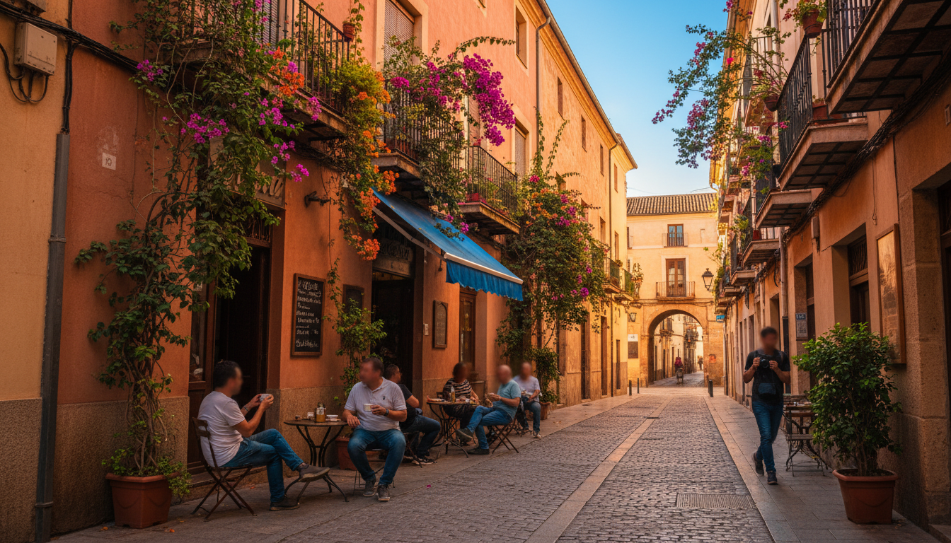 Narrow cobblestone street in Mlagas Centro Histrico at golden hour, with traditional wrought-iron ba