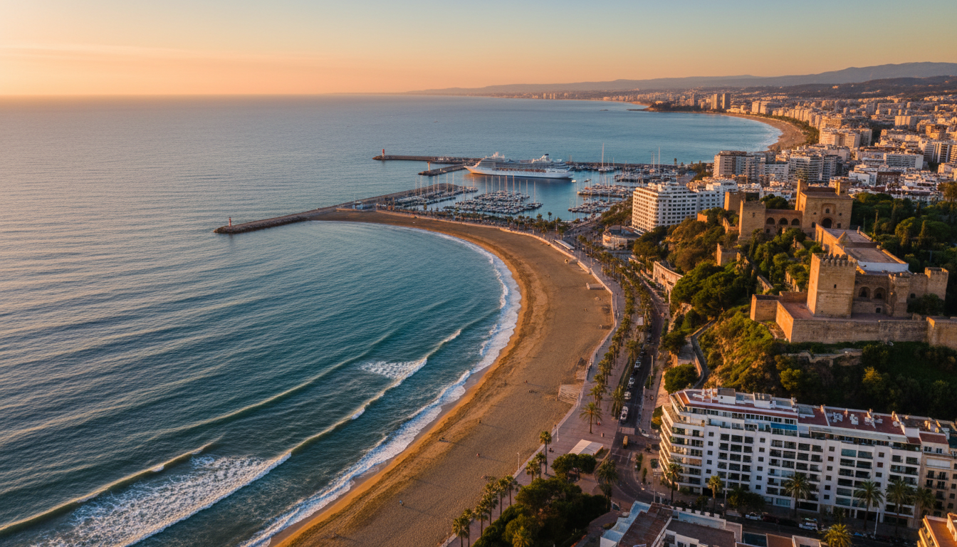 Aerial view of Mlagas coastline showing La Malagueta beach curving toward the port, with the Alcazab