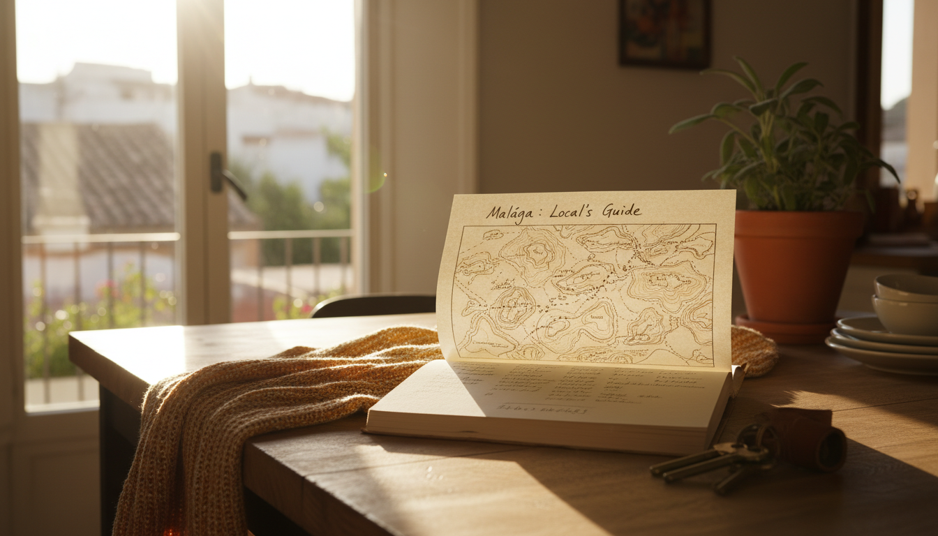 Open welcome book on a wooden kitchen table with handwritten notes and a hand-drawn map of Mlaga, a