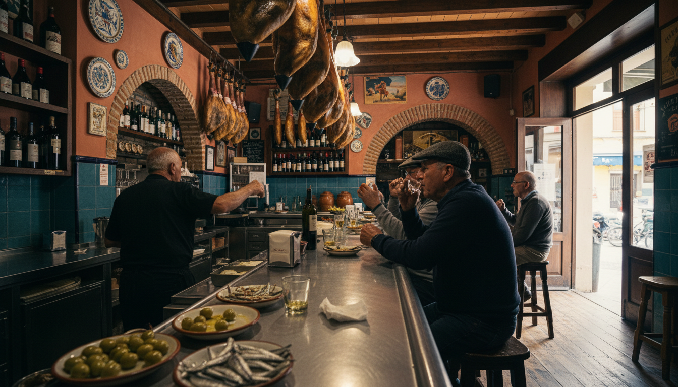 Interior of a traditional Mlaga tapas bar with hanging jamn legs, a zinc counter, elderly locals on