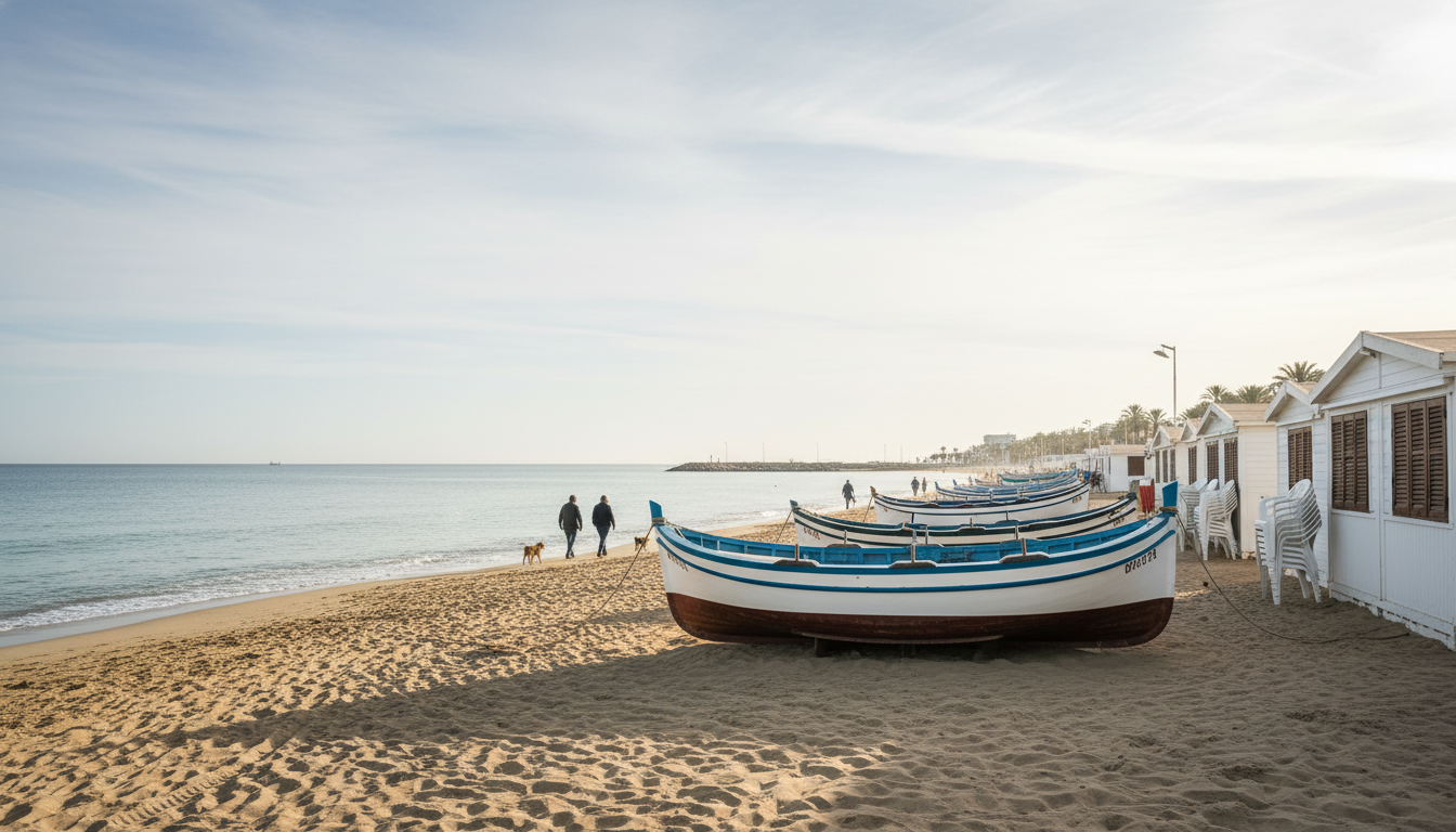 Early morning light on a quiet Pedregalejo beach with traditional fishing boats jbegas pulled up on