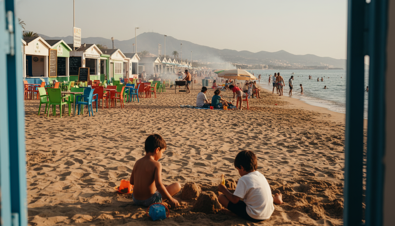 El Palos Playa de Pedregalejo-El Palo at midday with local families, children building sandcastles,