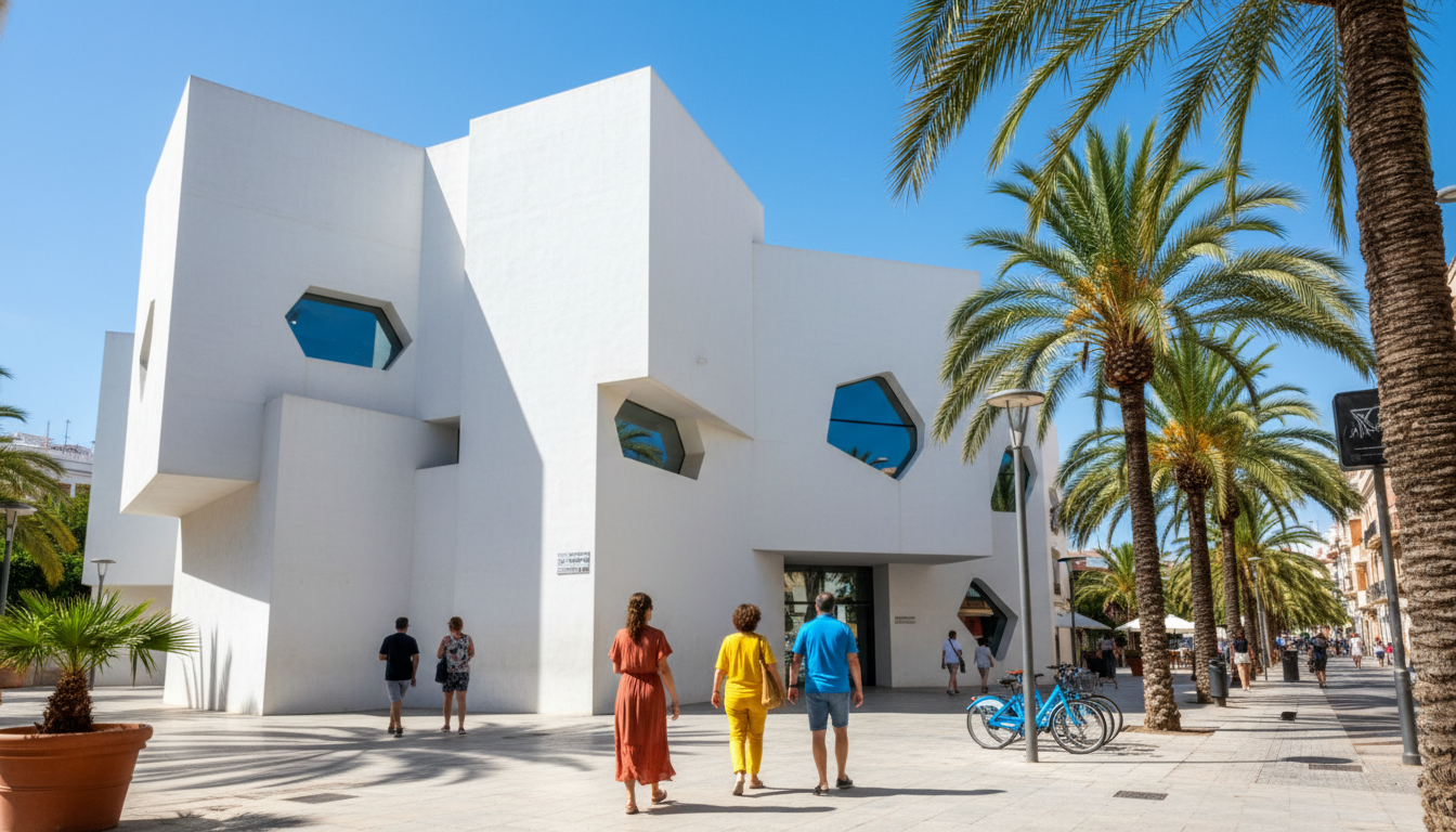 CAC Mlaga contemporary art center exterior with its distinctive white architecture, a few visitors w