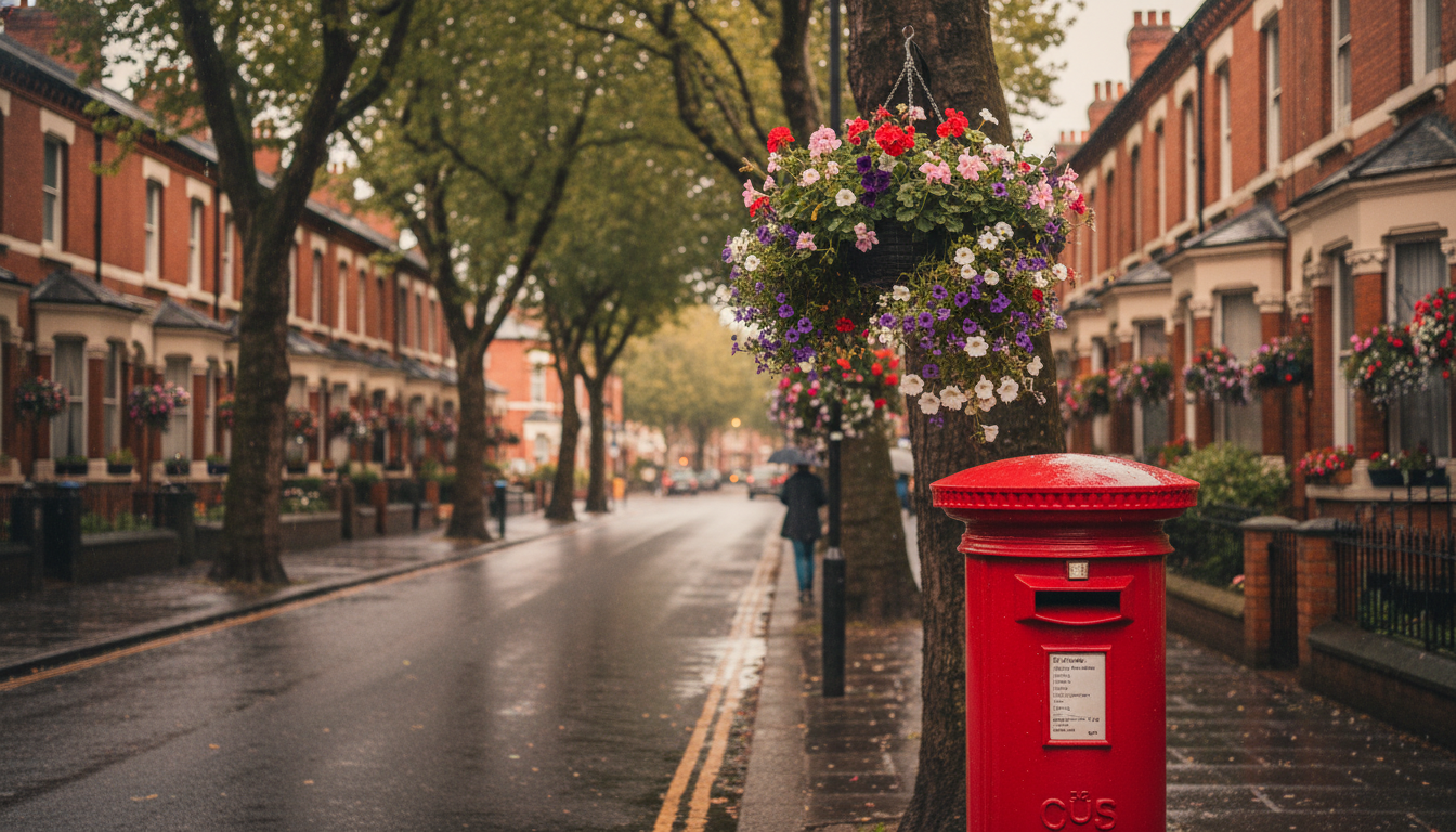 Red-brick Victorian terrace houses on a tree-lined street in Chorlton, Manchester, with hanging flow