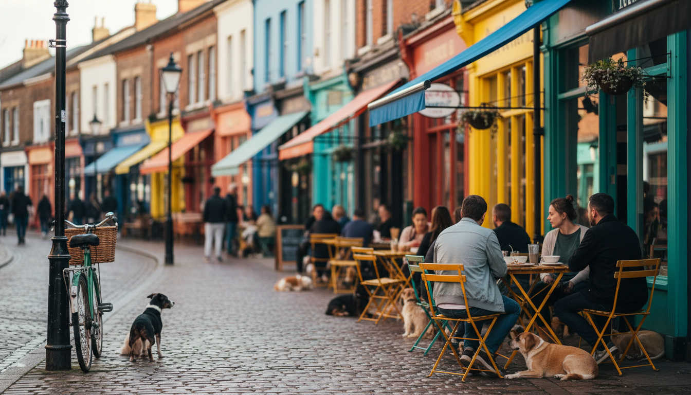 Chorltons Beech Road on a Saturday afternoon, showing independent shops with colorful awnings, peopl