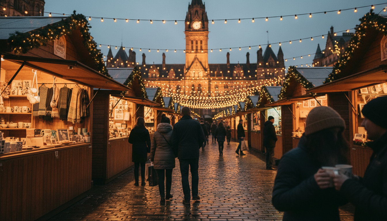 Manchesters Christmas markets at night, with wooden chalets selling crafts and food, twinkling light