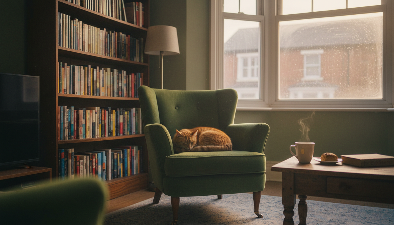 A cozy living room in a Manchester terrace house, evening light coming through bay windows, a cup of