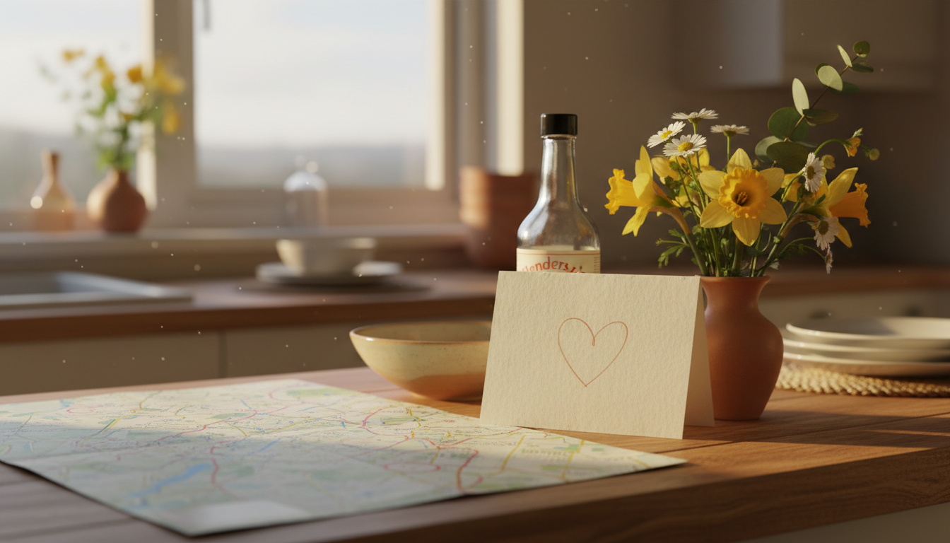A kitchen counter in a Manchester home with a welcome note, a bottle of Hendersons Relish, a map of