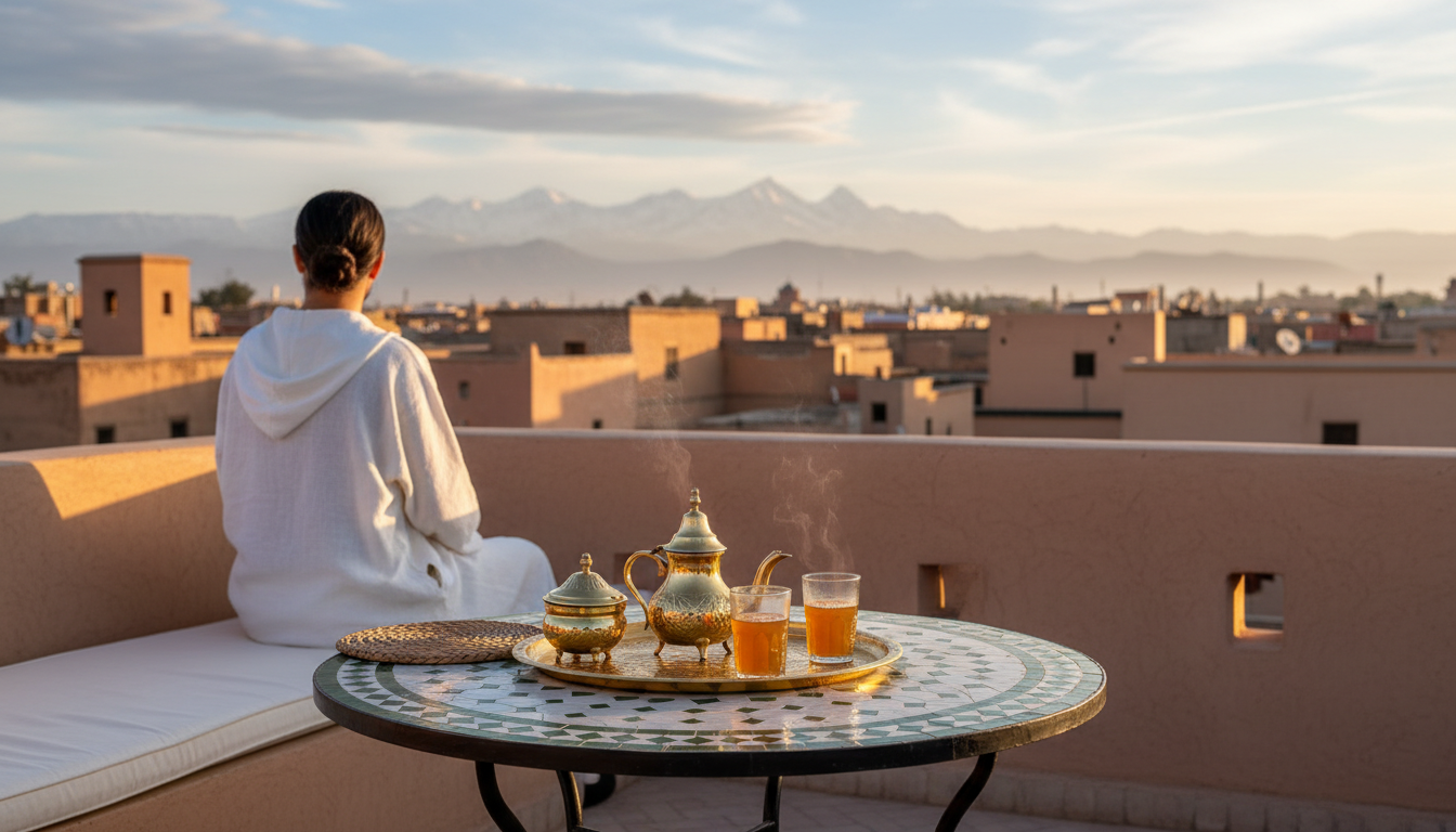 sunrise view from a traditional Marrakech riad rooftop terrace, Atlas Mountains visible in the dista
