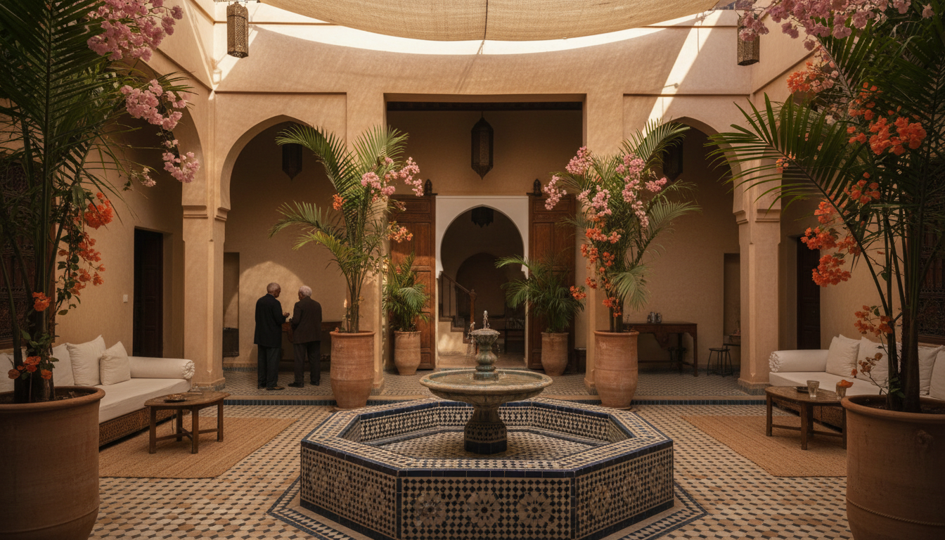 interior courtyard of a traditional Marrakech riad with central fountain, zellige tilework in geomet