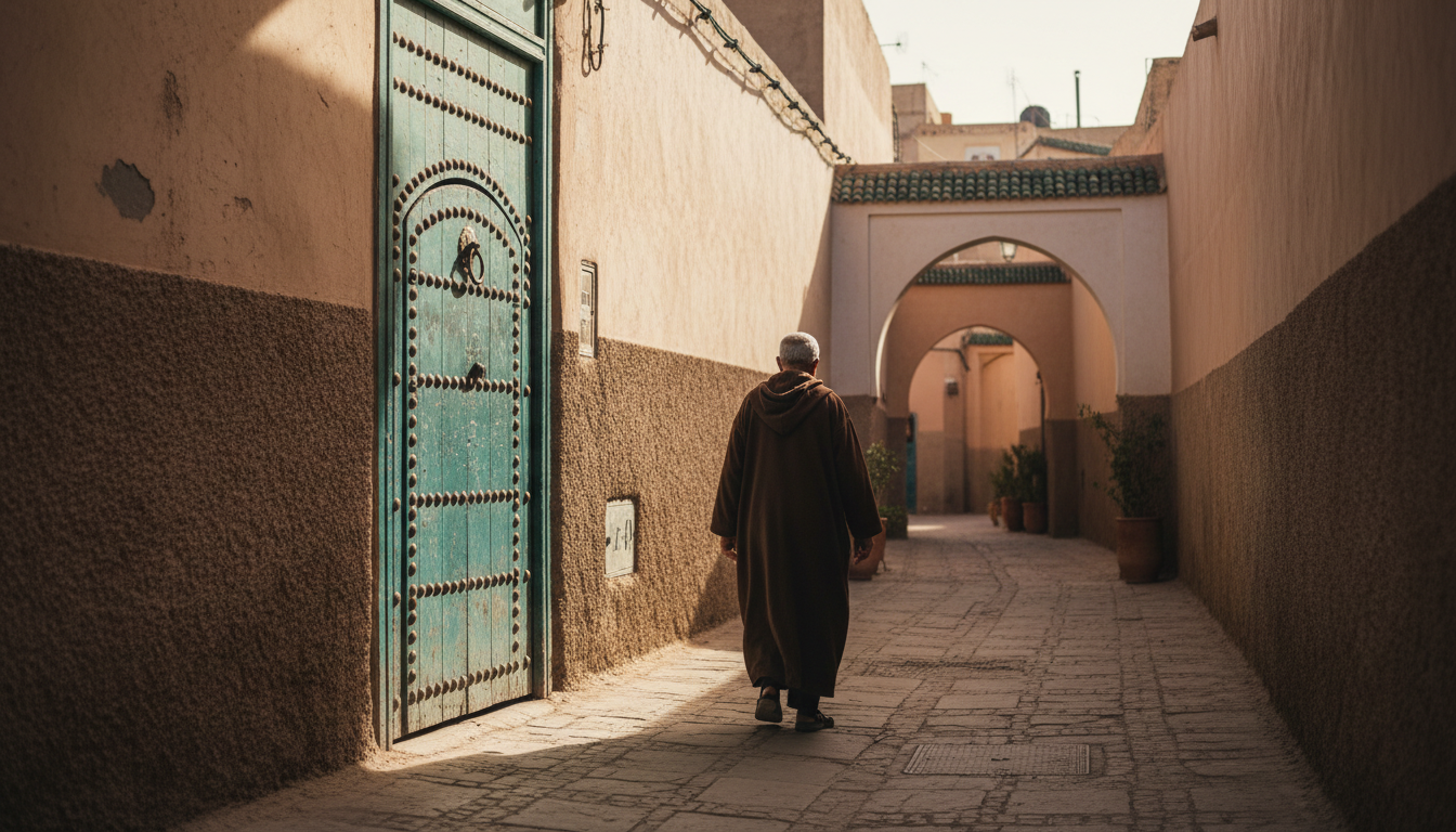 narrow street in Marrakechs Kasbah district, elderly Moroccan man in traditional djellaba walking pa