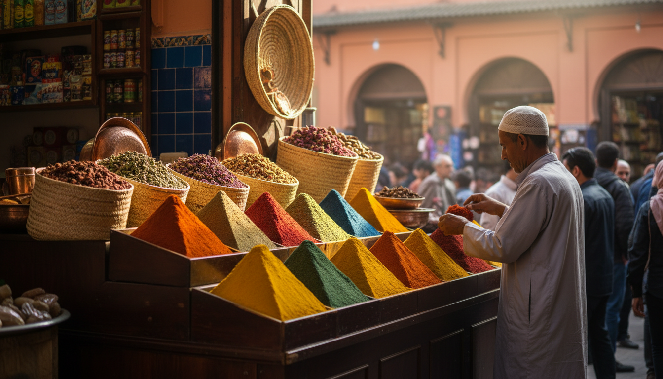 colorful spice pyramids at a Marrakech souk, copper containers and woven baskets, vendor in white ca