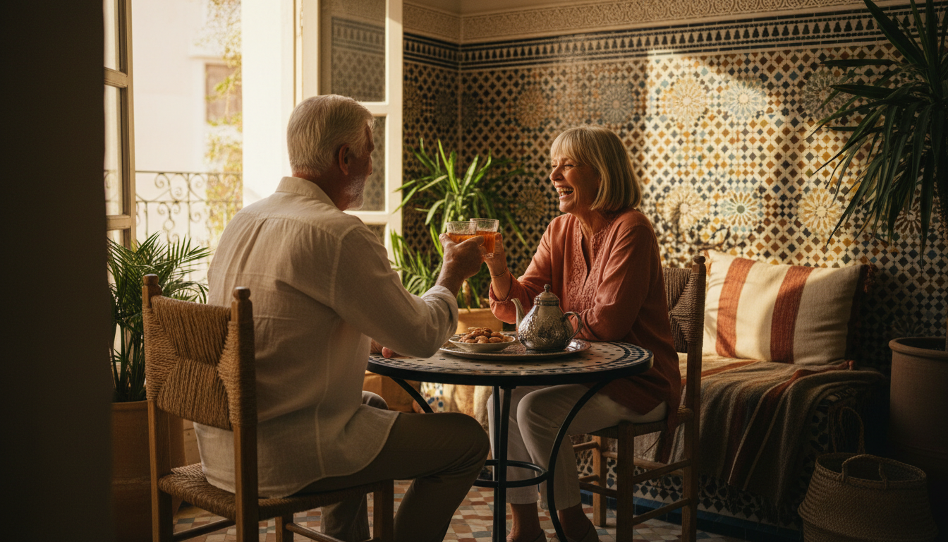 elderly Western couple sitting at a small Moroccan caf table, laughing over glasses of mint tea, zel