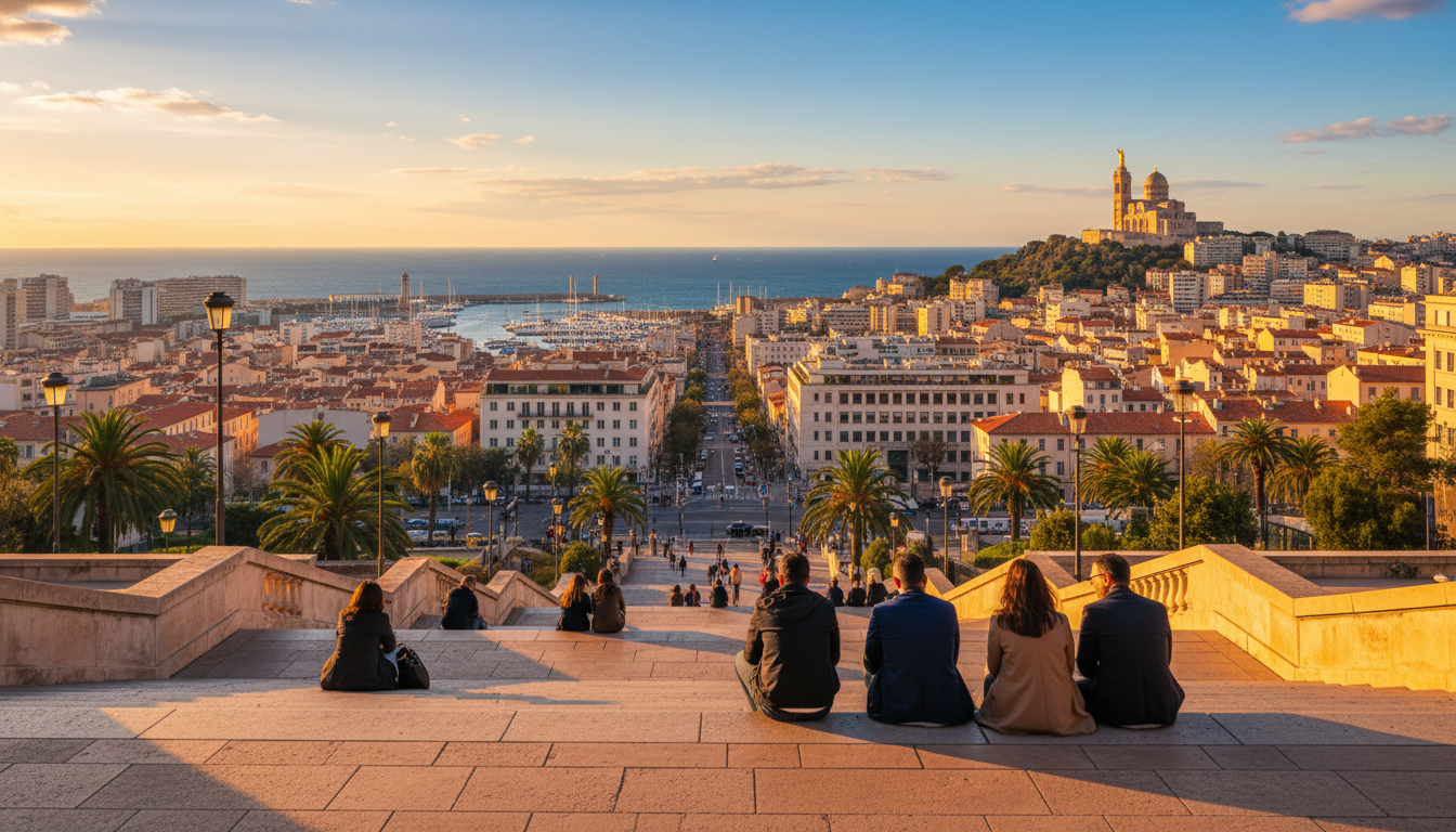panoramic view from the steps of Gare Saint-Charles at golden hour, looking down toward the Vieux-Po