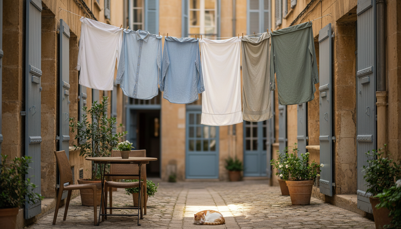 intimate courtyard scene in Le Panier with laundry hanging between ochre-colored buildings, a small