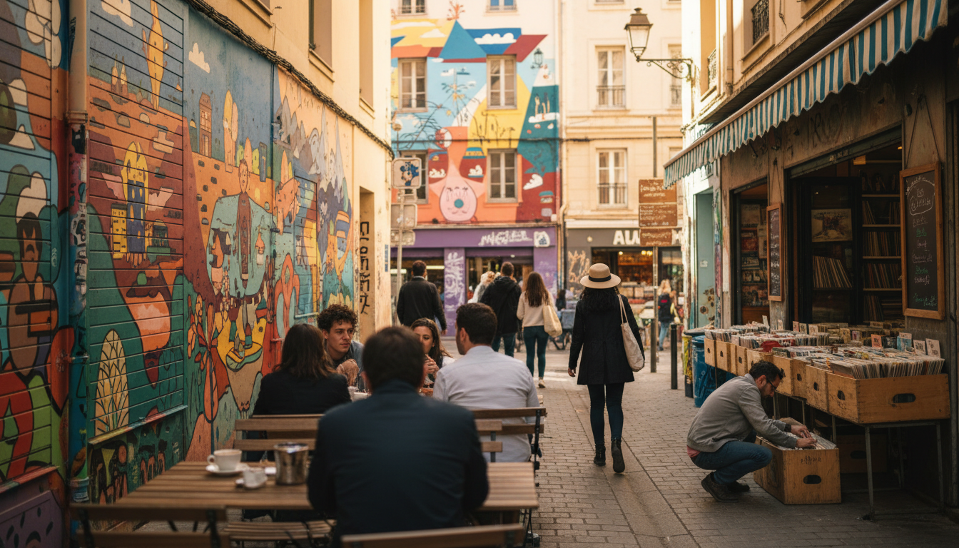 street scene in Cours Julien showing colorful murals on building facades, outdoor caf seating, and a