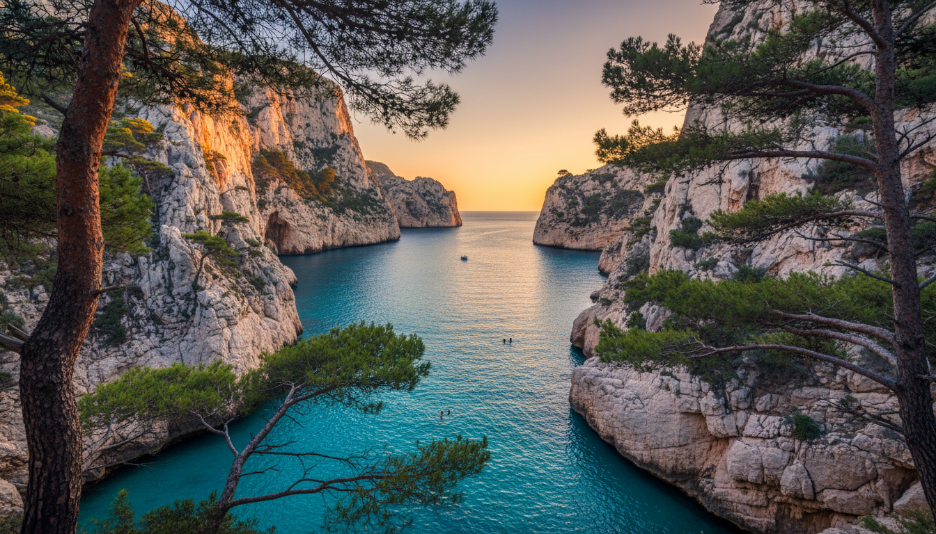 turquoise water of Calanque de Sugiton with dramatic white limestone cliffs, a few swimmers in the d