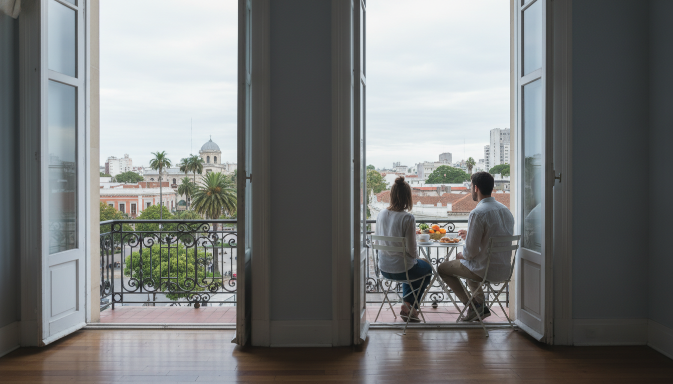 Morning light streaming through floor-to-ceiling windows of a Ciudad Vieja apartment, showing a coup