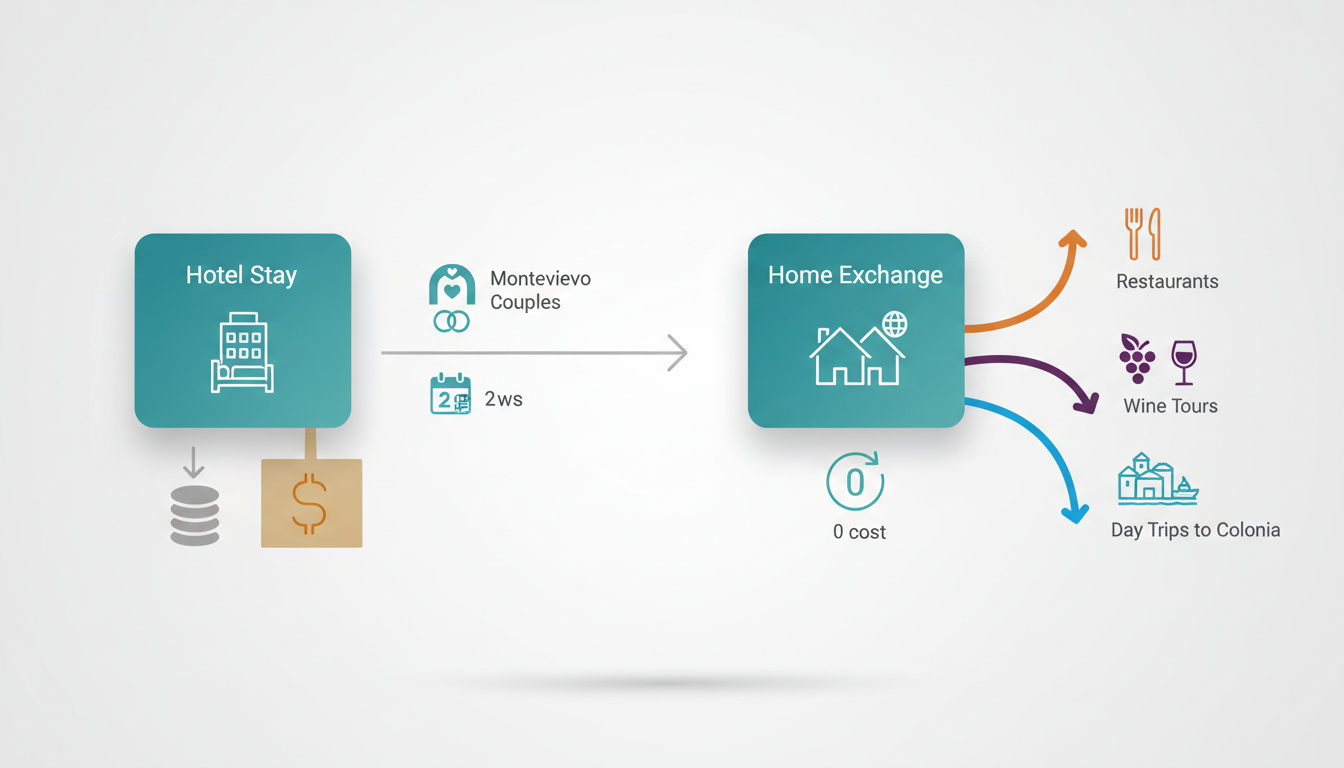 Infographic showing cost comparison between 2-week hotel stay in Montevideo 1,680 average versus hom