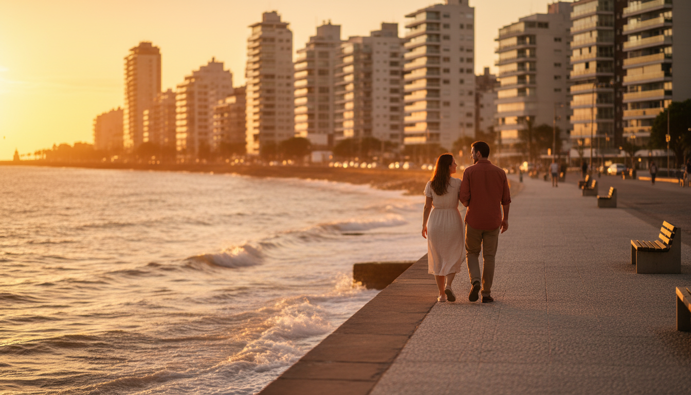 Couple walking along the Pocitos rambla at golden hour, waves gently hitting the seawall, high-rise