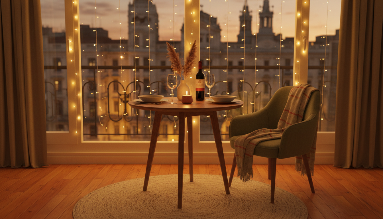 Cozy interior of a Montevideo apartment showing a small dining table set for two with wine glasses,