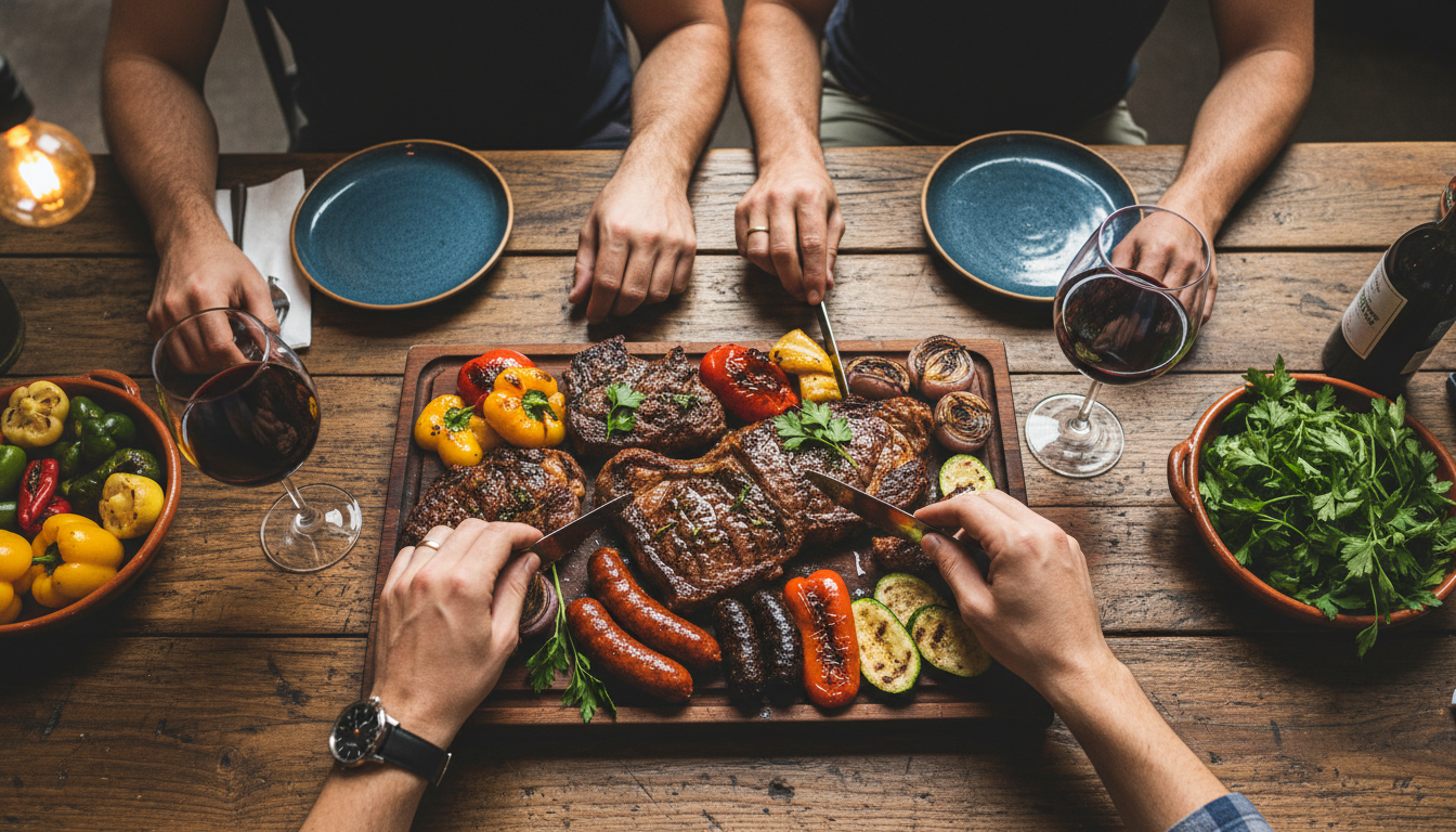 Overhead shot of a couples hands reaching for grilled meats and vegetables on a rustic wooden table