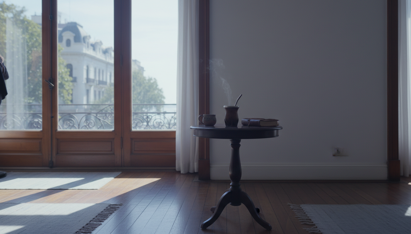 Morning light streaming through tall windows of a classic Montevideo apartment, original hardwood fl