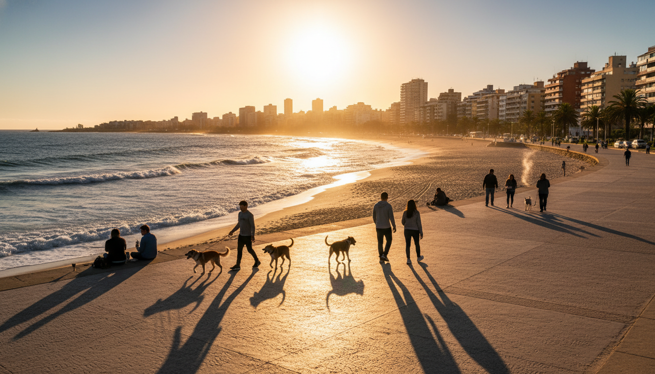 Sunset over Pocitos beach with locals walking dogs along the rambla, apartment buildings in warm eve