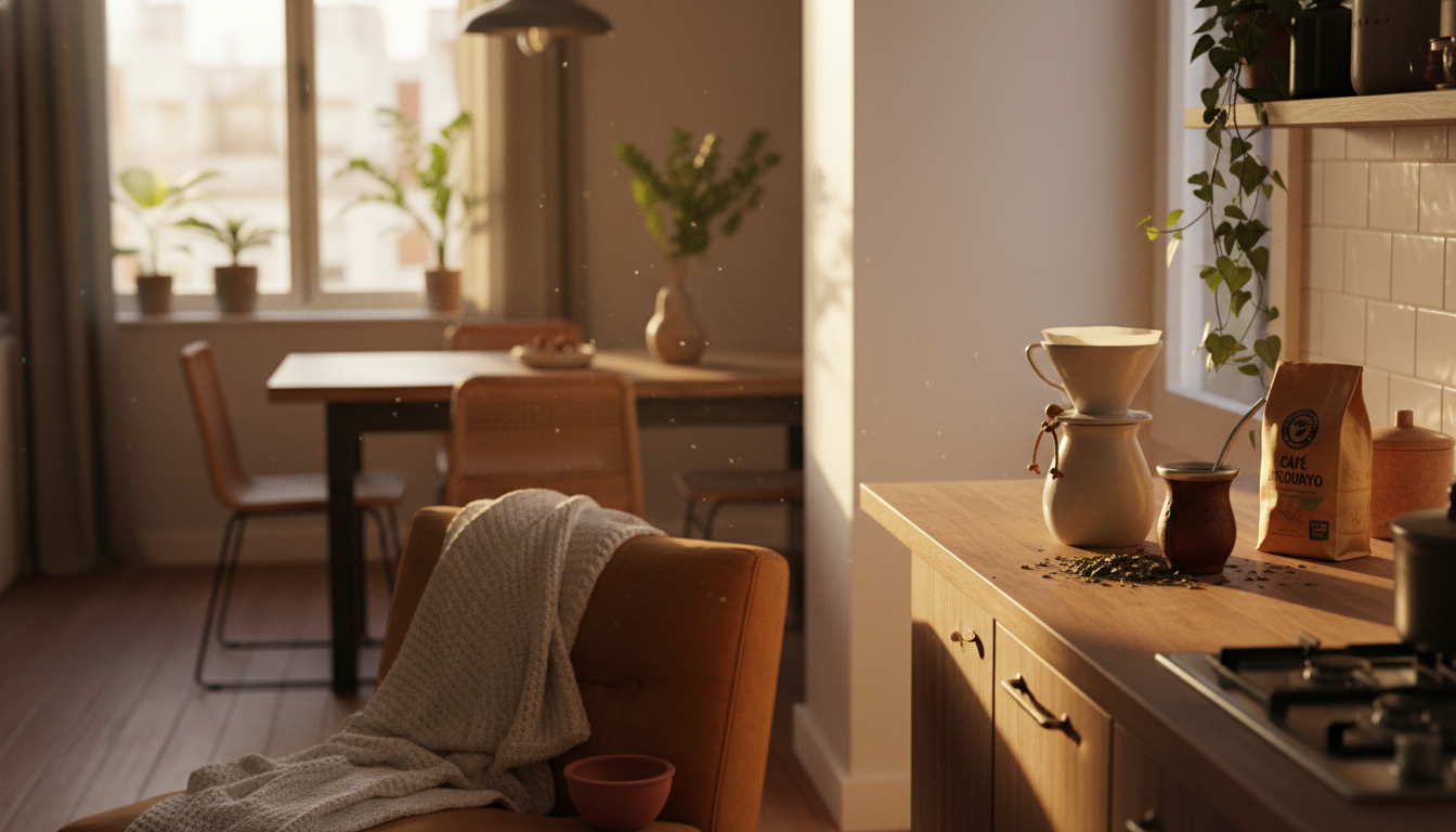 Cozy Montevideo apartment interior showing a well-equipped kitchen with local coffee and yerba mate