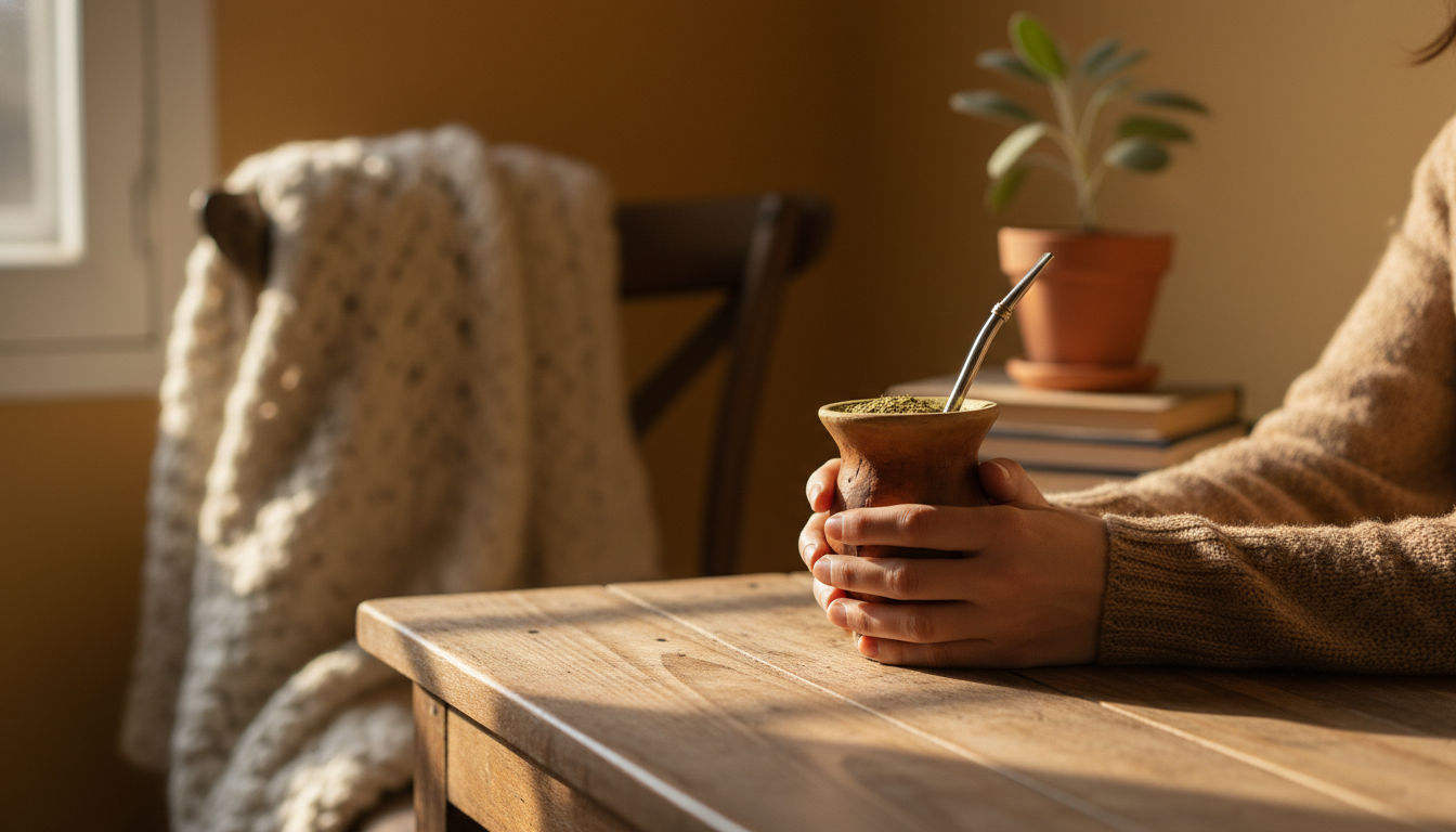 Hands holding a traditional mate gourd with bombilla, morning light, simple wooden table, authentic
