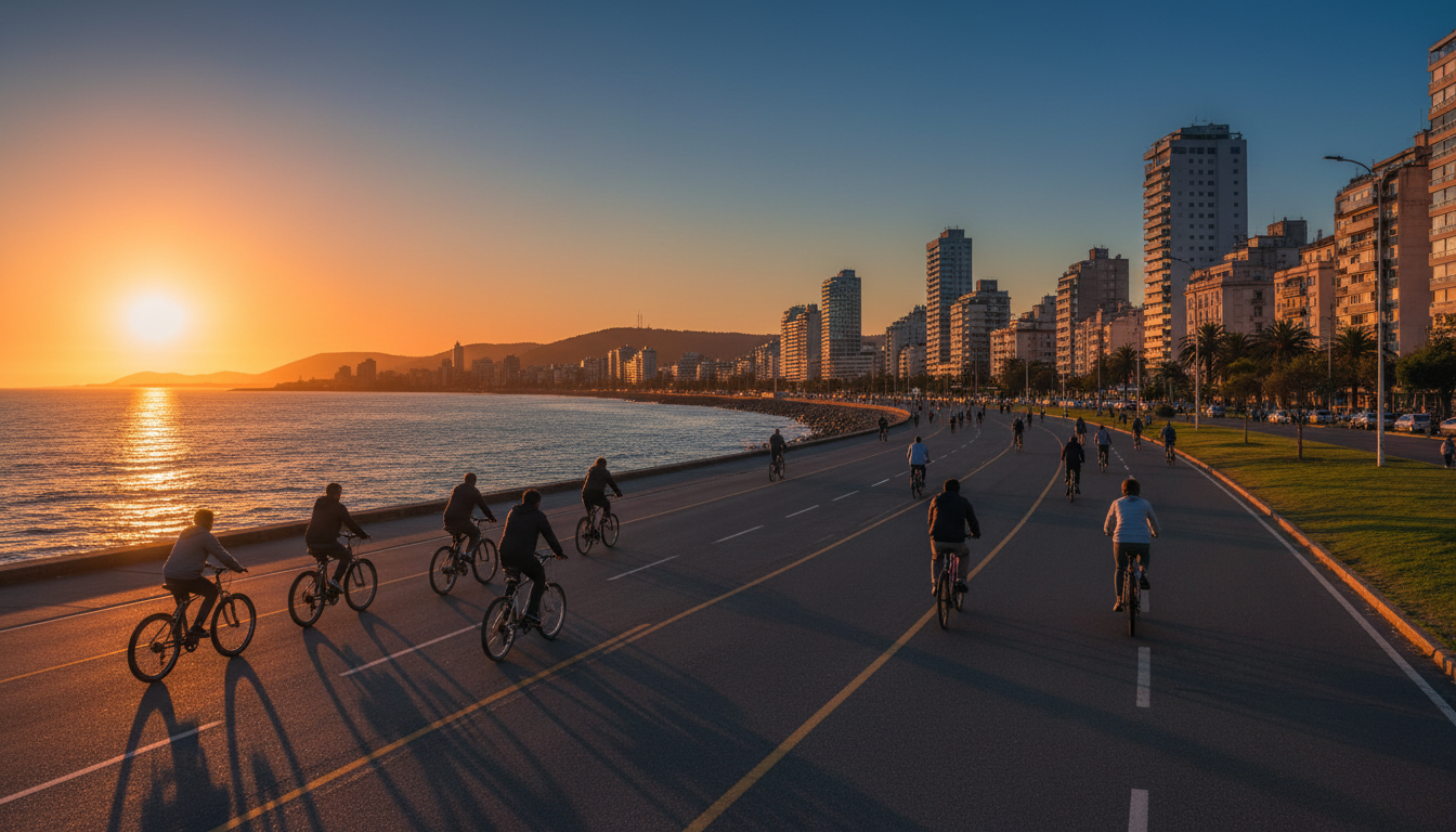 The Montevideo rambla at golden hour, cyclists and walkers along the coastal path, the city skyline