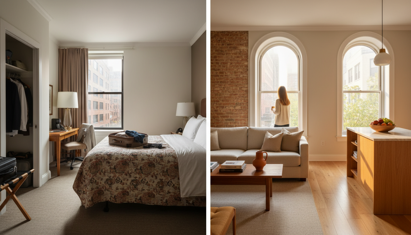 Split-screen showing a cramped midtown hotel room versus a spacious Brooklyn living room with expose